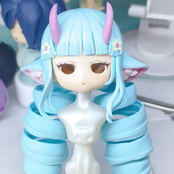 水色ロング縦ロールヘアパーツ — 角・エルフ耳・花飾り付き